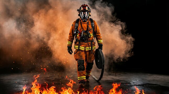 Brave firefighter walking through fire and smoke during an emergency rescue