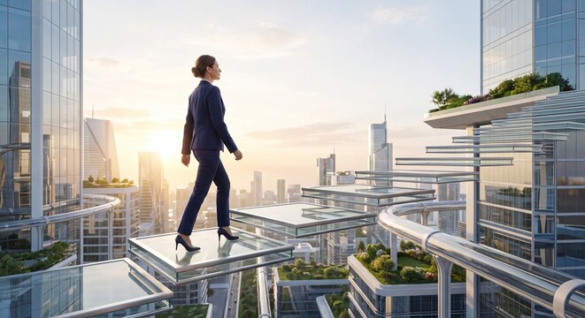 Businesswoman confidently walks on a futuristic glass skywalk connecting modern skyscrapers under a bright, optimistic.