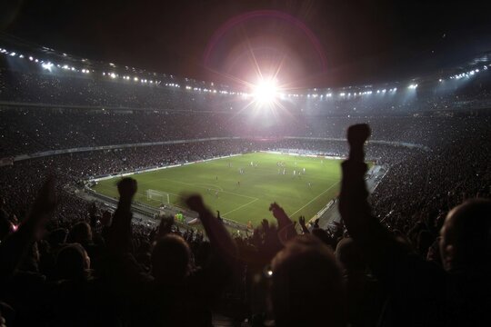 Vibrant soccer stadium at night with cheering crowd.