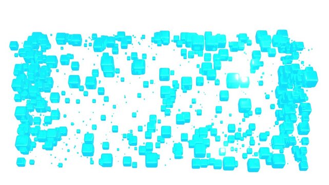 3D motion graphics animation featuring numerous cubes&mdash;randomly distributed within a large invisible rectangular prism that rotates on the X-axis&mdash;that emit light seamlessly loop randomly change in size