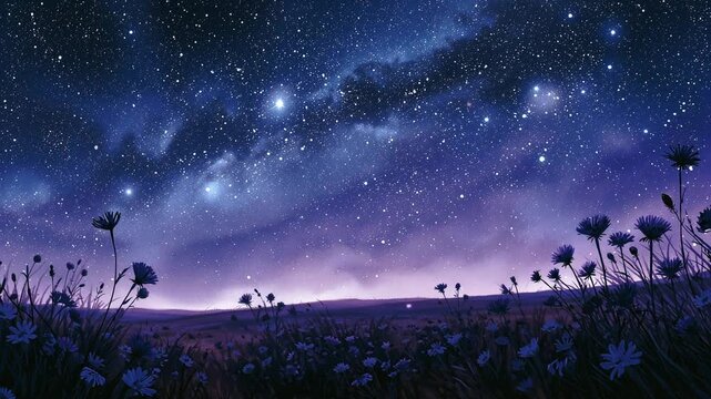 Starry Night Sky over Flower Field - Anime Style Milky Way Galaxy and Wildflowers Background