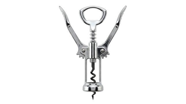 Winged corkscrew with a polished chrome finish, a sharp spiral worm, double lever arms, and a bottle opener top ring. Photorealistic, front view, vertical orientation, ultra-high-resolution 8K, on a