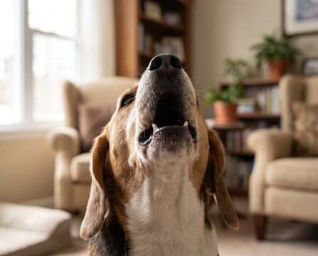 Beagle dog howling in a cozy living room setting  