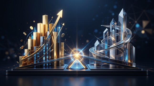 Conceptual financial comparison with gold growth graph and silver infrastructure