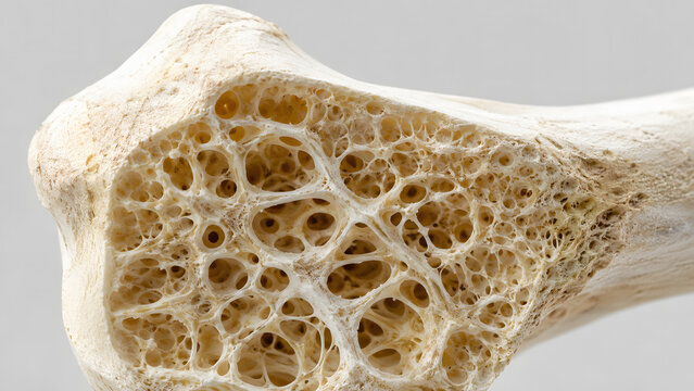 Cross section view of human bone showing porous spongy structure inside on light background banner