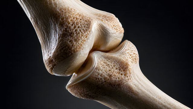 Close up view of human bone joint articulation showing porous texture on dark background banner