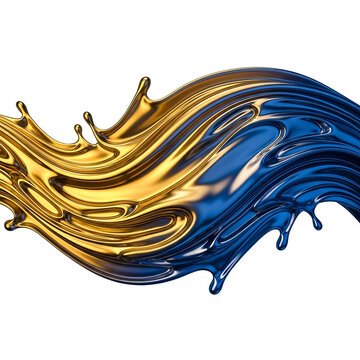 Abstract liquid wave of gold and blue metallic paint splashing, isolated on white background