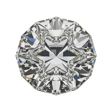 A closeup of a brilliantly cut round diamond showcasing its intricate facets and light reflection isolated on white background