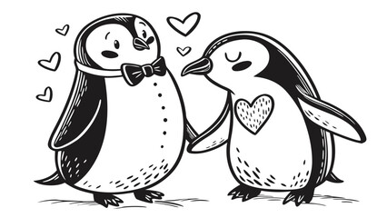 Fototapeta premium Cute romantic penguin couple in black and white vector, two adorable penguins standing close together, one wearing a small black bow tie, the other with a tiny heart-shaped accessory.