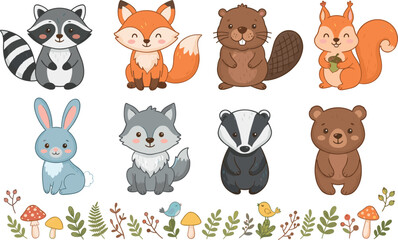 Obraz premium Cute Cartoon Woodland Animals Vector Clipart Pack with Sitting Raccoon, Fox, Beaver, and Bear plus Forest Foliage Elements for Children Nursery Graphic Designs