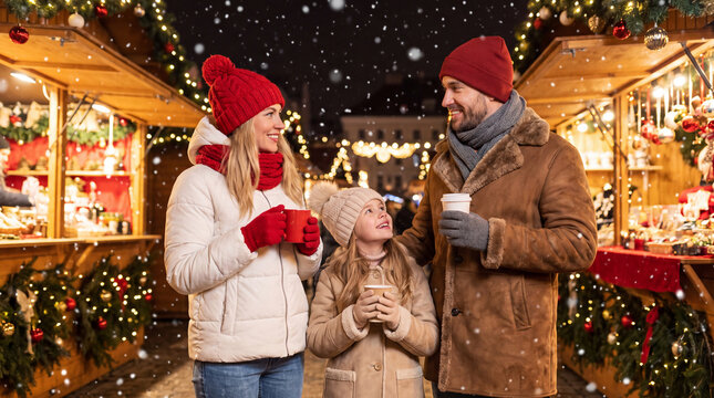Family enjoying Christmas market with warm drinks, winter clothing, festive lights, snow, and decorated wooden stalls at night