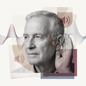 Elderly man cupping his ear to hear better with sound waves and hearing aid cue, concept of age-related hearing loss and communication difficulty