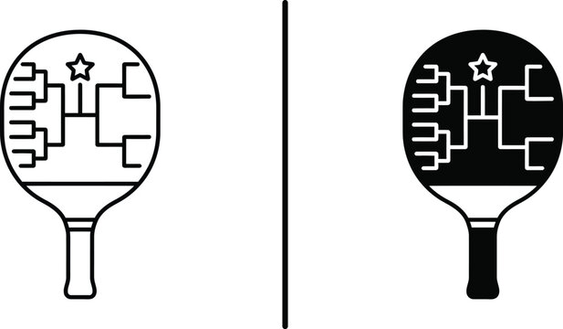 Black and white table tennis paddle with tournament bracket line art icons   