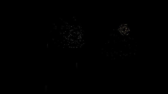 New Year fireworks explosion animation on black night sky background. Sparkling gold and white pyrotechnic burst celebration effect. Festive holiday fireworks display motion graphic for overlay