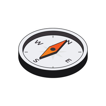 Isometric compass with orange needle pointing north for navigation