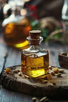 Rustic argan oil bottle on wooden board with argan nuts and cork for international day of argania culinary and cosmetic background design