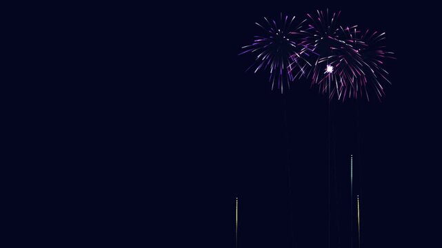 New Year fireworks display over night sky. Purple, teal and gold pyrotechnic burst celebration animation. Festive holiday fireworks show motion graphic with dark background