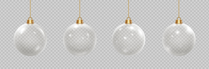 Obraz premium Christmas balls hanging on golden rope. Realistic transparent 3D glass ball with glares and highlights. Glossy volume crystal bubble vector illustrations set. Festive glass decorations isolated