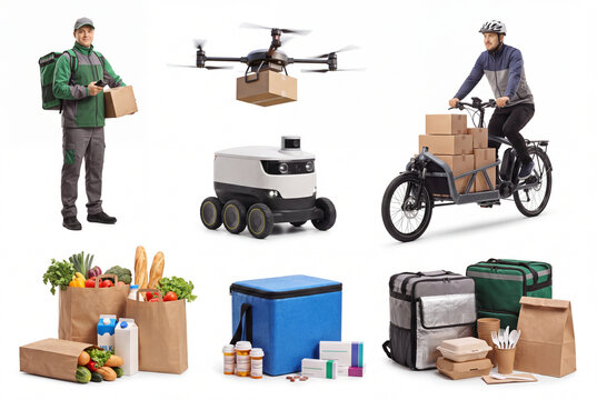 Modern Last-Mile Delivery Methods Set with Courier Drone Robot Cargo Bike Groceries and Medicine Isolated on White