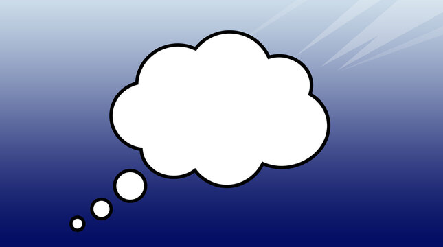 Comic style thought bubble on blue gradient background, white speech cloud for text, blank message balloon for creative communication and ideas