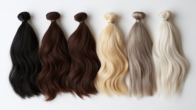 Six hair extension bundles arranged in a gradient row from black to platinum on white background