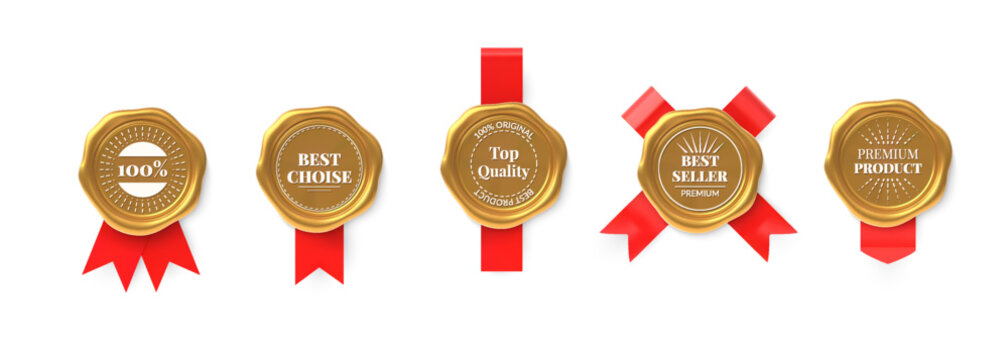3D wax seal stamp badge element set with gold ribbon labels. Glossy embossed badge, medal, emblem and award shapes with round seal, red tail and premium vintage style for quality and official use.