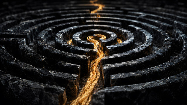 Top view of a dark stone circular maze with a glowing golden light path carving through the center representing finding a solution and strategic navigation