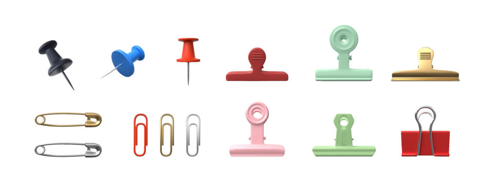 Realistic 3D vector illustration element set of stationery fasteners. Paperclip, pushpin, binder clip, metal clip and office desk items in colorful glossy isolated design for stationery, office.