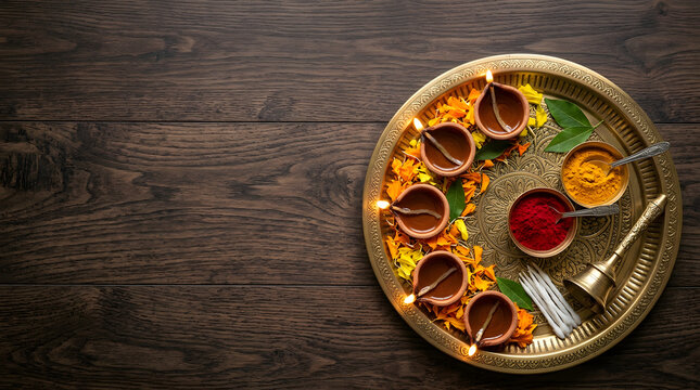 diwali pooja thali with diya oil lamps on wooden background flat lay