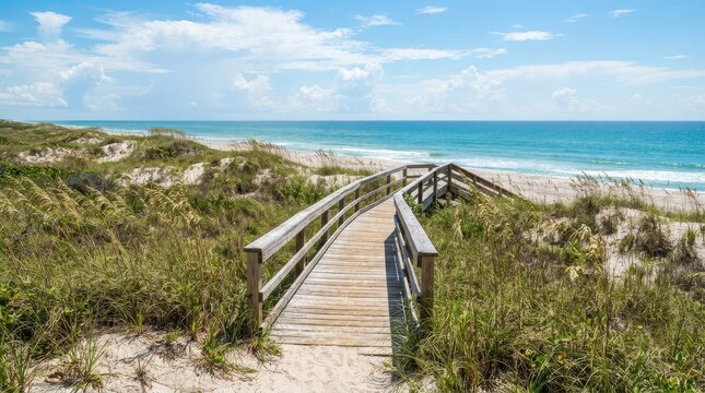 A wooden walkway leads from a grassy dune to a beautiful beach. The walkway is made of weathered wood and has a simple design.