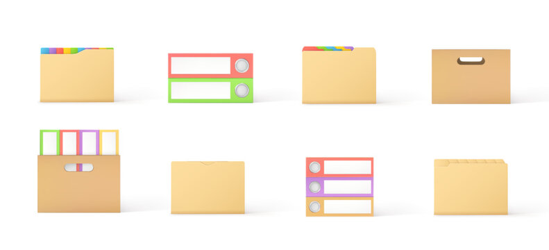 3D manila folder file tabs vector illustration element set for office archive and document organization. Folder binder tab label clip index card and paper stationery elements in simple glossy icon.