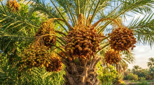 A date palm tree displays clusters of ripe, golden dates. The tree&rsquo;s trunk is textured and weathered.