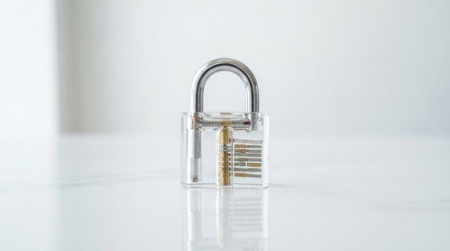 A clear padlock sits on a white surface. The padlock has a chrome finish and a transparent cylinder revealing the internal mechanism with gold and brass pins.