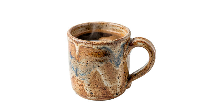 Rustic ceramic stoneware mug with handmade irregular glaze, sturdy curved handle, warm brown beverage visible inside, and subtle rising steam. Photorealistic, front 3/4 view, vertical orientation,