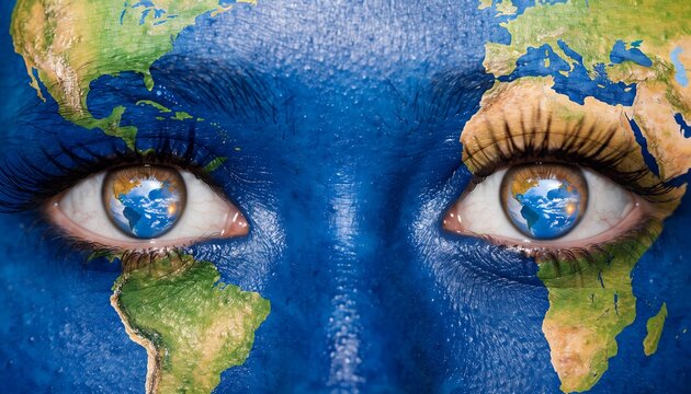 Closeup of human face painted with world map continents and earth globe reflection in eyes,Concept of earth eyes global awareness,climate change response, earth day activism,international human right.
