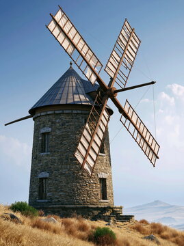 Majestic Traditional Molino de Viento Windmill Under Clear Blue Sky Surrounded by Golden Wheat Fields