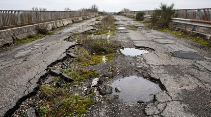 Obraz premium Weathered road with deep cracks and puddles, flanked by rusted metal fences