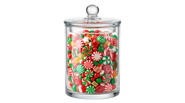 Clear glass candy jar filled with colorful festive sweets, classic cylindrical shape, fitted glass lid and cheerful Christmas pantry appearance; photorealistic product photography, front 3/4 view,