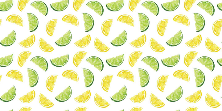 Watercolor yellow lemon and green lime citrus fruit slices seamless pattern on dark black background, refreshing summer vector