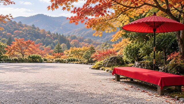 紅葉の日本庭園で和傘と赤い腰掛けを眺める静かな秋旅