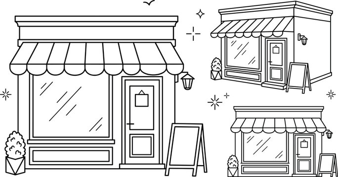 Shop storefront vector bundle featuring hand drawn local boutique facades with awning display window door and chalkboard sign