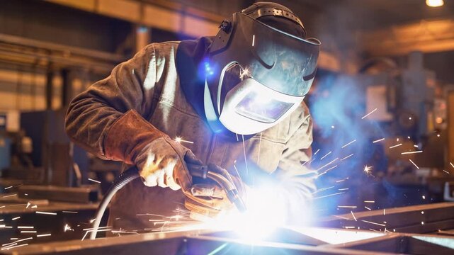 Industrial welder wearing protective gear, performing metal welding amid bright sparks and intense light inside modern factory workshop, 4K video