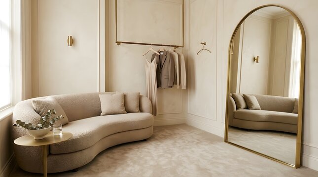 Curved beige textured sofa with a circular golden side table placed elegantly inside a modern luxury boutique dressing room space