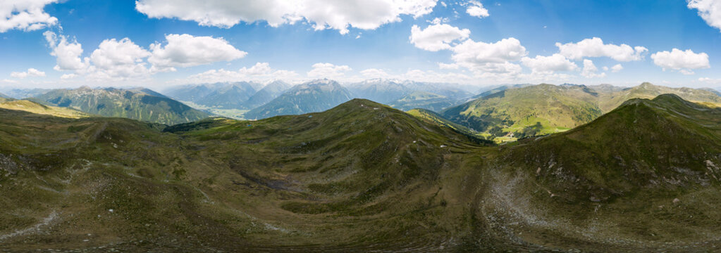 Alpine wilderness and mountain landscape, 360&deg; panoramic aerial view of the Kitzb&uuml;hel Alps in Austria with pristine nature and summer hiking destination