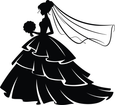Beautiful bride silhouette in side view holding flower bouquet with long flowing veil isolated on white