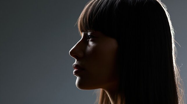Young woman in profile with face in near-silhouette against dark background