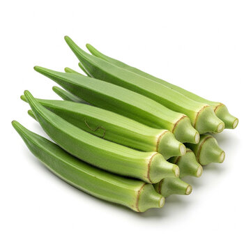 Fresh green okra pods stacked neatly together, isolated on white background