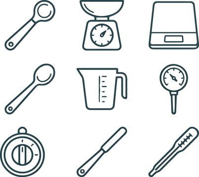 Kitchen measuring tools, scales, and culinary instruments outline vector icons set