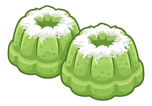 Kuih Puteri Ayu Traditional Indonesian and Malaysian Green Steamed Cake with Grated Coconut Vector Illustration