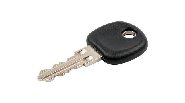 Cash register key with a compact metal shaft, precisely cut key profile, small durable plastic grip head, and practical commercial equipment key design without logos or identifying marks.